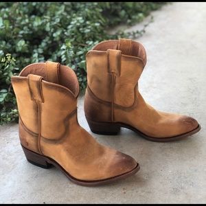 Frye Cara Tan Short Distressed Cognac Cowboy Boots